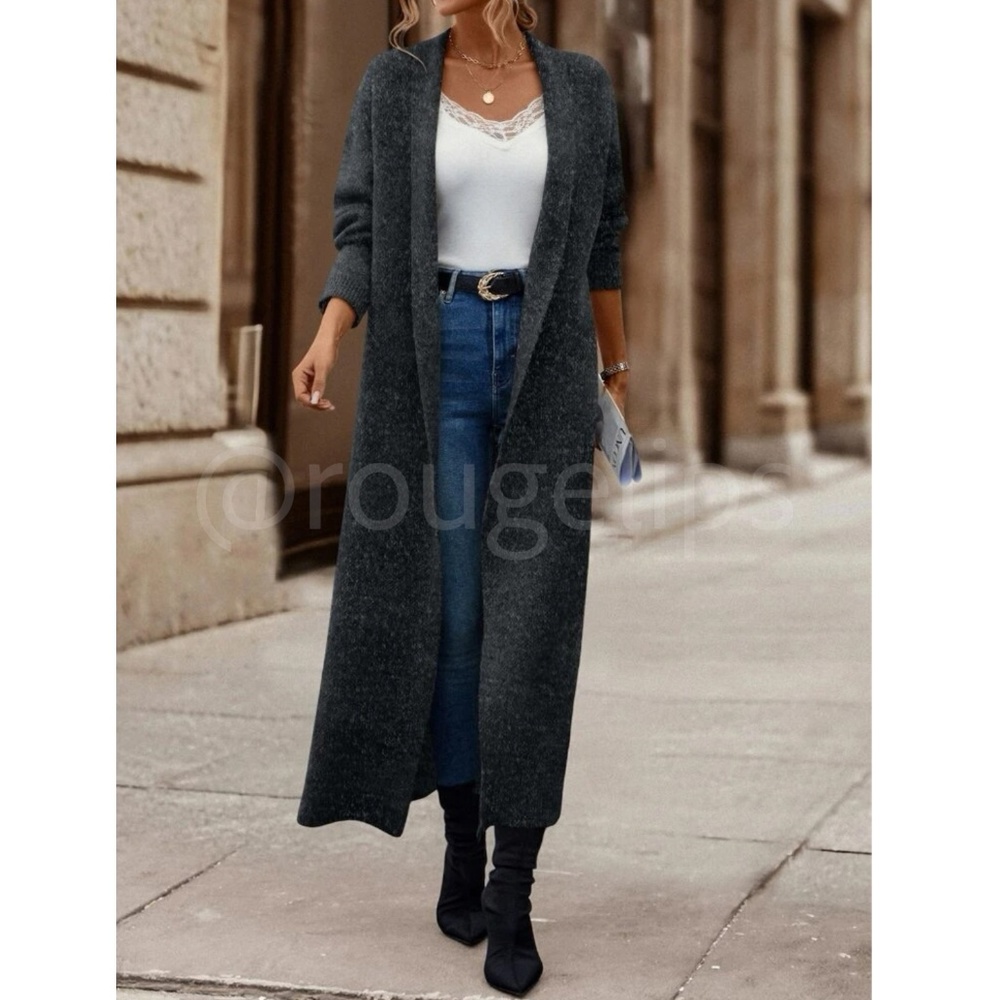 Charcoal Grey Duster Shawl Cardigan Knit Long Open Long Sleeve - Picture 2 of 9